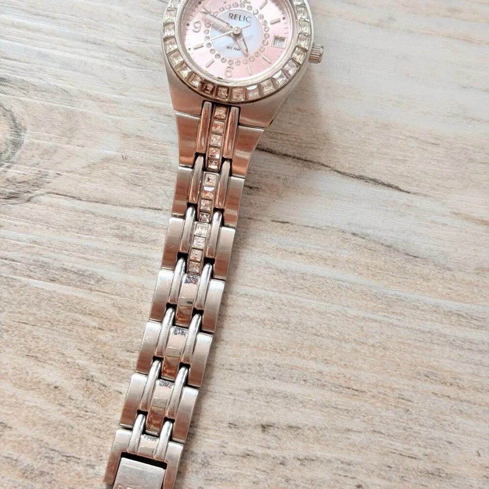 Relic Pink Dial Silver Tone Rhinestone Watch Y2K Glam Crystal Bracelet Date